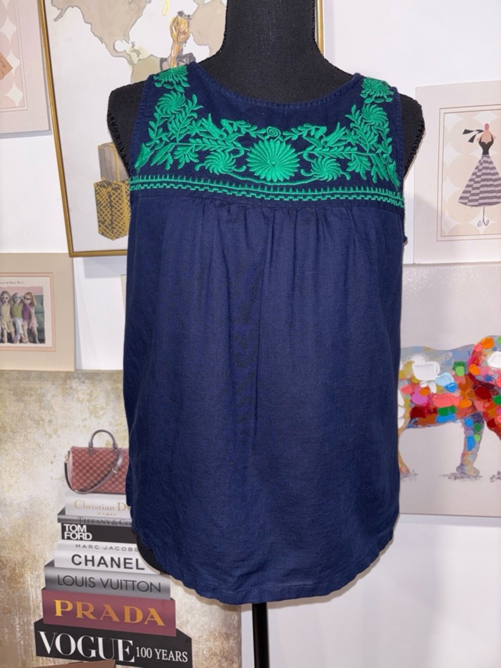 J. Crew Navy Sleeveless Camisole with Green Floral Embroidery